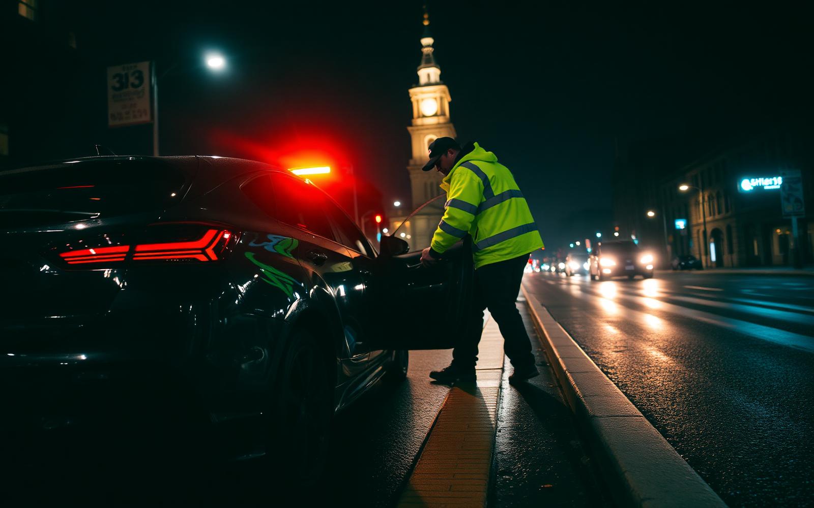 Roadside technician jump-starting a car at night on a Philadelphia street